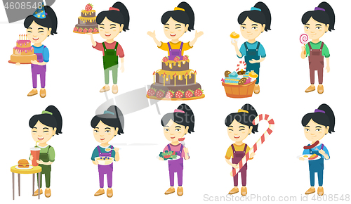 Image of Little asian girl vector illustrations set.