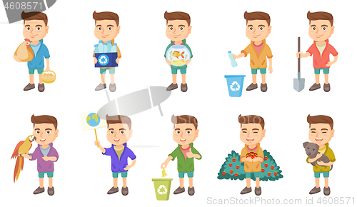 Image of Little caucasian boy vector illustrations set.