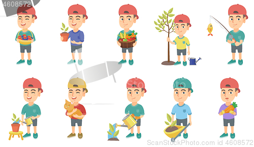 Image of Little caucasian boy vector illustrations set.