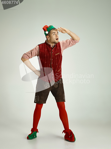 Image of friendly man dressed like a funny gnome posing on an isolated gray background