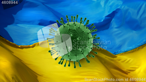 Image of Model of Coronavirus on the background of Ukrainian flag.