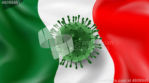 Image of Coronavirus molecule on the background of Italian flag.