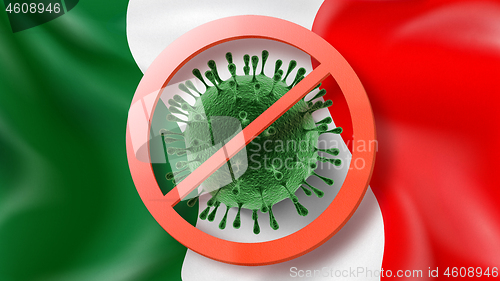 Image of Warning sign with crossed out Coronavirus molecule on the background of Italian flag.