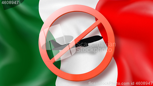 Image of Warning sign with crossed out plane on a background of Italian flag.