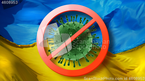 Image of Forbidden sign with crossed out plane on the background of Ukrainian flag.