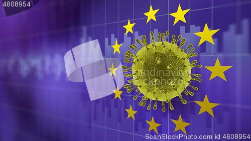 Image of Molecule of Coronavirus in the center of EU symbol on the background of stock market graphs.