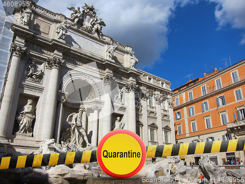 Image of Warning sign with of quarantine on a police ribbon on the background of Rome Trevi Fountain in Rome, Italy.