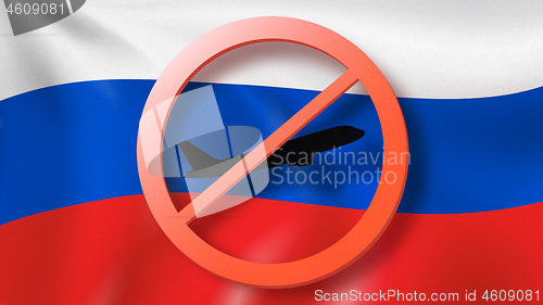 Image of Forbbiden sign with crossed out plane on the background of Russian flag.