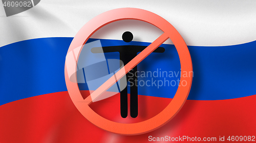 Image of Warning sign with crossed out man on a background Russian flag.