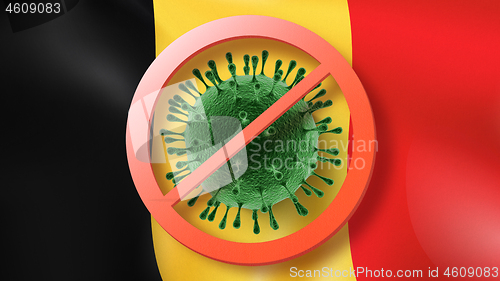 Image of Forbbiden sign with crossed out Coronavirus bacteria on the background of Belgian flag.