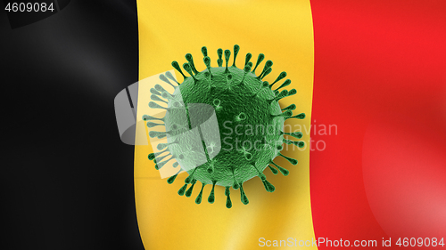 Image of Coronavirus Model on the background of Belgian flag.