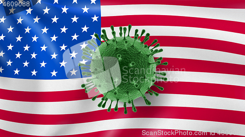 Image of Molecule of Coronavirus on the background of American flag.