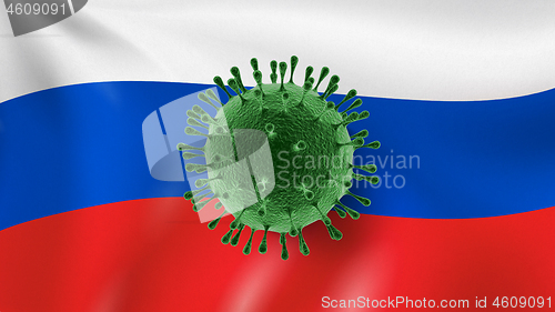 Image of Model of Coronavirus on the background of Russian flag.