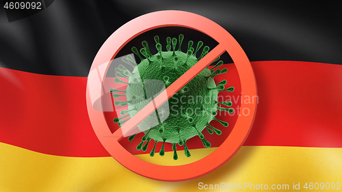 Image of Warning sign with crossed out Coronavirus molecule on the background of German flag.