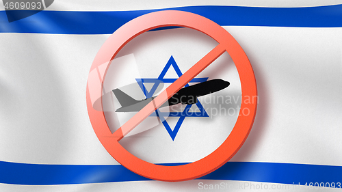 Image of Prohibition sign with crossed out plane on the background of Israeli flag.