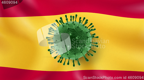 Image of Bacteria of Coronavirus on the background of Spanish flag.