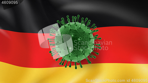 Image of Model of Coronavirus on the background of German flag.