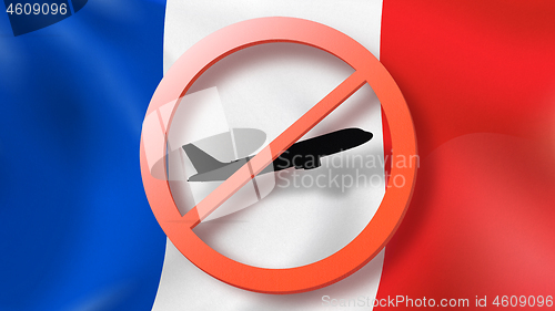 Image of Forbbiden sign with crossed out plane on the background of French flag.