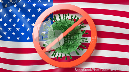 Image of Warning sign with crossed out Coronavirus bacteria on the background of American flag.