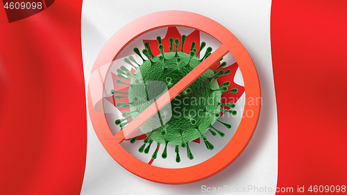 Image of Warning sign with crossed out Coronavirus bacteria on the background of Canadian flag.