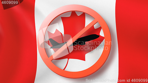 Image of Warning sign with crossed out plane on the background of Canadian flag.