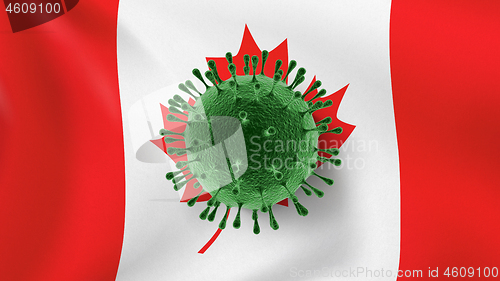 Image of Model of Coronavirus on the background of Canadian flag.