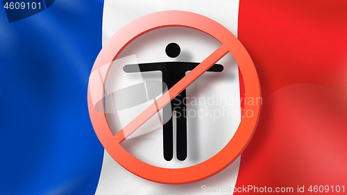 Image of Warning sign with crossed out man on a background French flag.