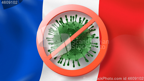 Image of Warning sign with crossed out Coronavirus molecule on the background of French flag.