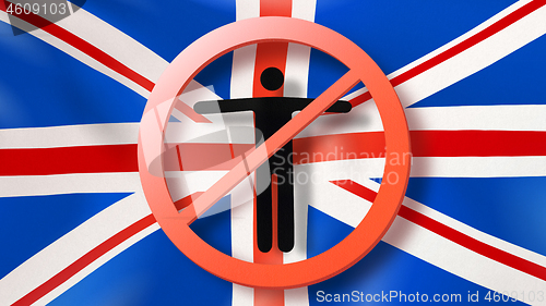 Image of Prohibition sign with crossed out man on a background British flag.