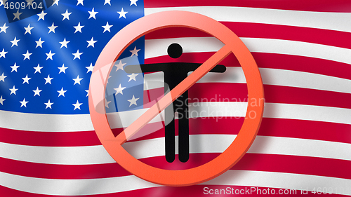 Image of Warning sign with crossed out man on a background American flag.