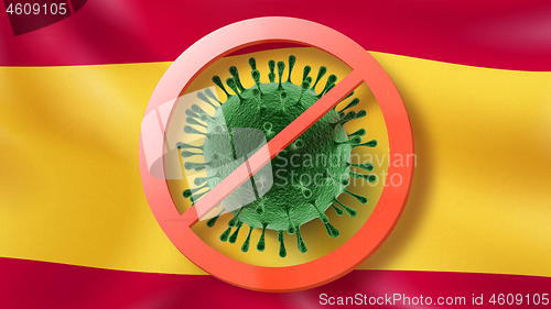 Image of Warning sign with crossed out Coronavirus molecule on the background of Spanish flag.