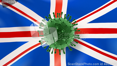 Image of Coronavirus bacteria on the background of British flag.