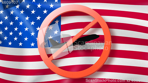 Image of Warning sign with crossed out plane on the background of American flag.