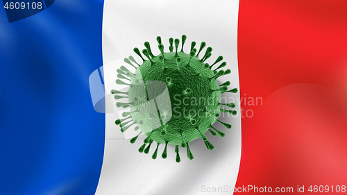 Image of Bacteria of Coronavirus on the background of French flag.