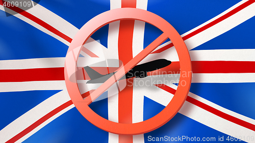 Image of Warning sign with crossed out plane on the background of British flag.