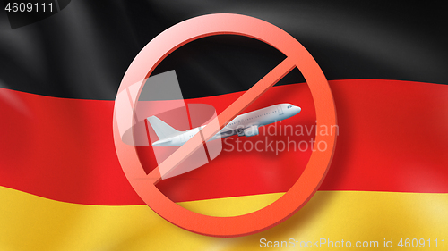 Image of Prohibition sign with crossed out plane on the background of German flag.