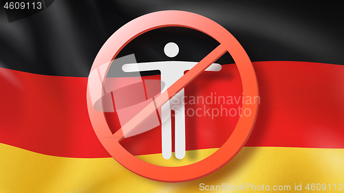 Image of Warning sign with crossed out man on a background German flag.