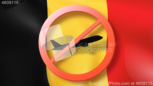 Image of Forbbiden sign with crossed out plane on the background of Belgian flag.