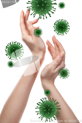 Image of Womans hands and Coronavirus bacteria.