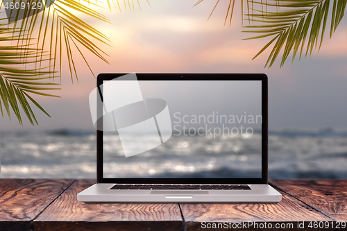 Image of Laptop screen with blurred sea background.