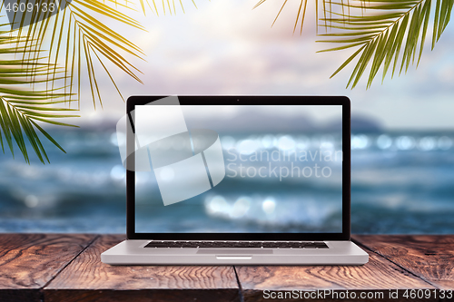 Image of Notebook display with blurred sea background.