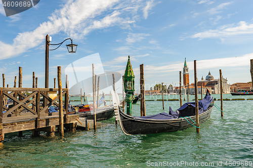 Image of Venice, Italy, Gondolas parked in Grand Canal