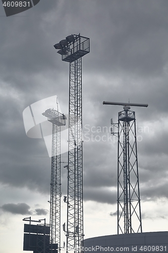 Image of Radar tower against stormy sky