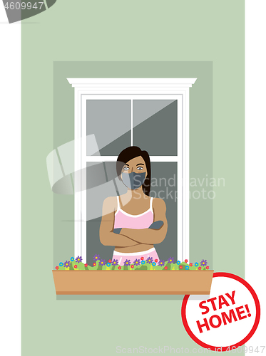 Image of Woman With Board And Inscription Stay Home