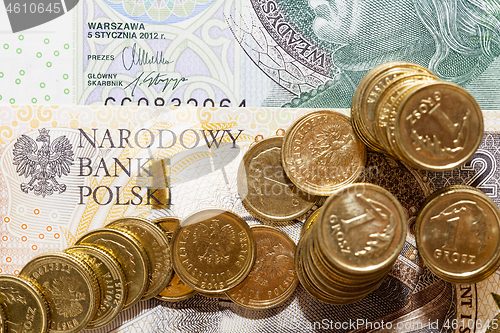 Image of Polish coins lying on paper signs Poland