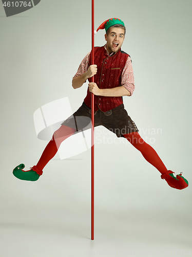 Image of friendly man dressed like a funny gnome posing on gray background