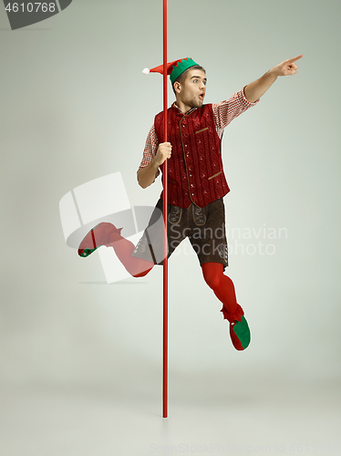 Image of friendly man dressed like a funny gnome posing on gray background