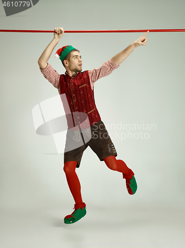 Image of friendly man dressed like a funny gnome posing on gray background