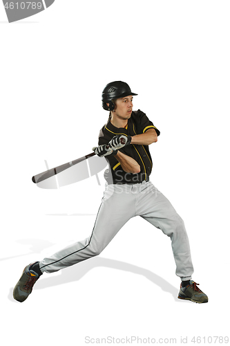 Image of one caucasian man baseball player playing in studio