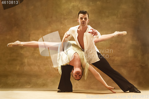 Image of Flexible young modern dance couple posing in studio.